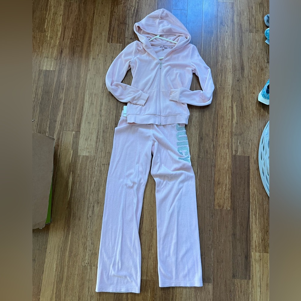 Juicy Couture Girls Pink Velour Hoodie and Pants Set Sz 14